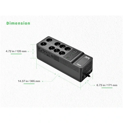 APC Back-UPS, 1050VA/600W falra rögzíthető, 230V, 8db Schuko CEE 7/3 kimenet, USB Type A+C port, cserélhető akkumulátor