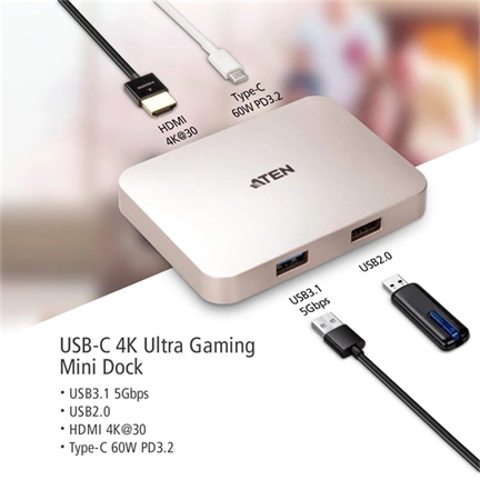ATEN UH3235 USB-C 4K Ultra Mini Dock with Power Pass-through