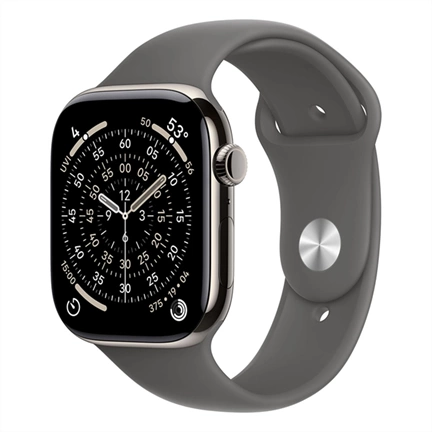 Apple Watch S11 okosóra – Cellular (46mm) natúr titánium tok, kőszürke M/L sportszíjas