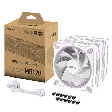 Asus Prime MR120 ARGB Reverse rendszerventilátor - 120mm, 21dBA, PWM, 1600rpm, 28mm, fehér, 3-pack