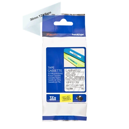 BROTHER P-touch TZe-M65 átlátszó alapon fehér laminált matt szalag 36mm 8m