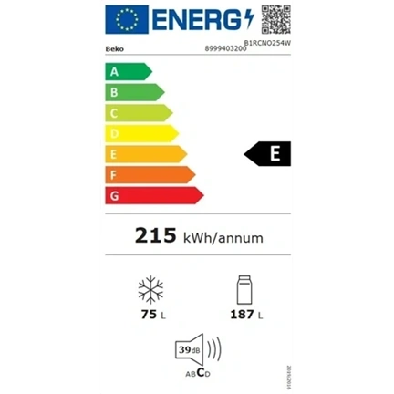 Beko B1RCNO254W alulfagyasztós Total NoFrost hűtőszekrény, E energiaosztály, 180 l /hűtőtér), + 70 l (fagyasztótér)