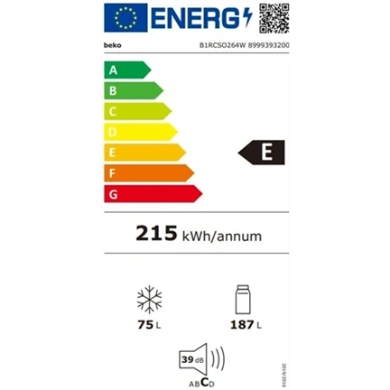 Beko B1RCSO264W alulfagyasztós hűtőszekrény, E energiaosztály, 187 l (hűtőtér) + 75l (fagyaszótér)