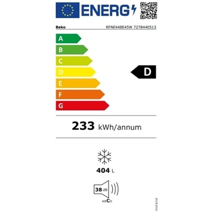 Beko RFNE448E45W fagyasztószekrény NoFrost, D energiaosztály, 404liter, fehér, ProSmart inverteres kompresszor