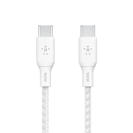 Belkin BoostCharge kábel USB-C – USB-C, fonott, 100W-os gyorstöltés, 3m, fehér