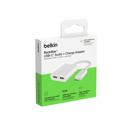 Belkin RockStar USB-C audio + gyorstöltés adapter, 60W, fehér