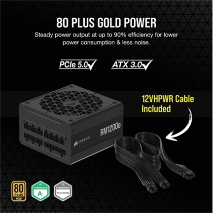 Corsair RM1200e tápegység - 1200W, teljesen moduláris, ATX 3.1, PCIe 5.1 támogatás, alacsony zajú Corsair RM1200e tápegység - 1200W, teljesen moduláris, ATX 3.1, PCIe 5.1 támogatás, alacsony zajú
