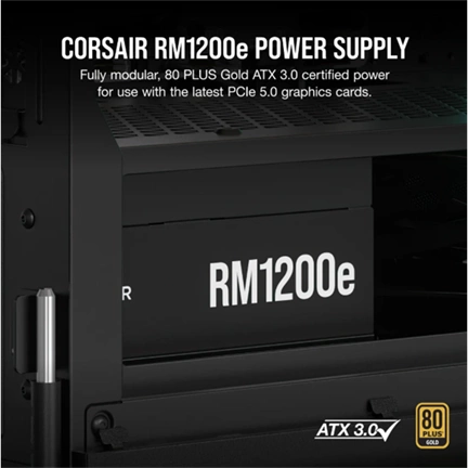Corsair RM1200e tápegység - 1200W, teljesen moduláris, ATX 3.1, PCIe 5.1 támogatás, alacsony zajú