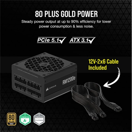 Corsair RM1200e tápegység - 1200W, teljesen moduláris, ATX 3.1, PCIe 5.1 támogatás, alacsony zajú