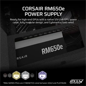 Corsair RM650e tápegység - 650W, teljesen moduláris, ATX 3.1, PCIe 5.1 támogatás, alacsony zajú
