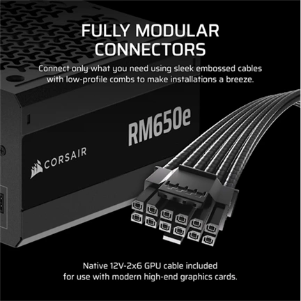 Corsair RM650e tápegység - 650W, teljesen moduláris, ATX 3.1, PCIe 5.1 támogatás, alacsony zajú