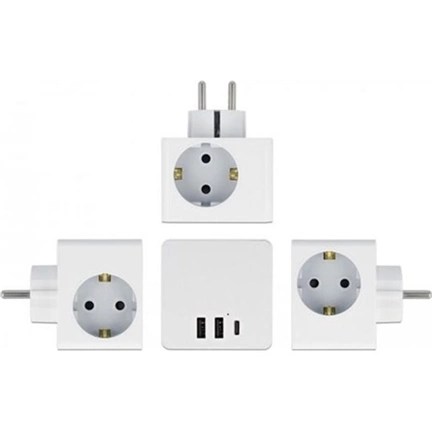 DELOCK 3-oldalú multi-csatlakozó kocka gyerekzárral és USB töltőfelülettel, fehér