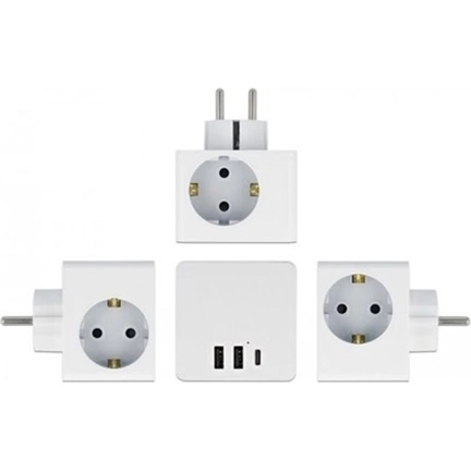 DELOCK 3-oldalú multi-csatlakozó kocka gyerekzárral és USB töltőfelülettel, fehér