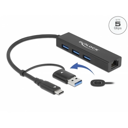 DELOCK 3 portos USB 3.2 Gen 1 Hub + Gigabit LAN USB-A/C