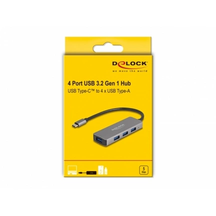 DELOCK 4 USB Type-A 3.2 Gen 1 portos hub USB Type-C csatlakozóval, portok oldalt