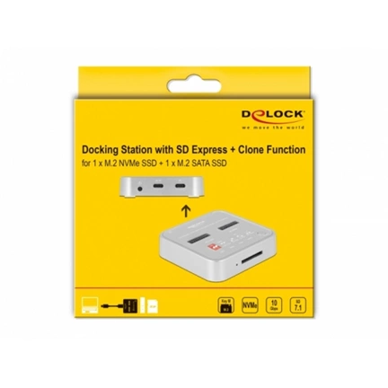 DELOCK Dokkolóállomás 1x M.2 NVMe SSD + 1x M.2 SATA SSD + SD Express (SD 7.1)