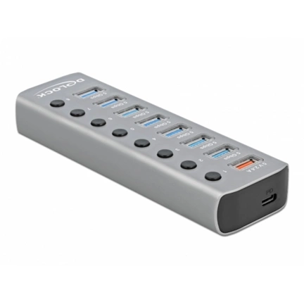 DELOCK USB 3.2 Gen 1 hub 7 port + 1 gyorstöltő port + 1 USB-C PD 3.0 port + kapcsoló és megvilágítás
