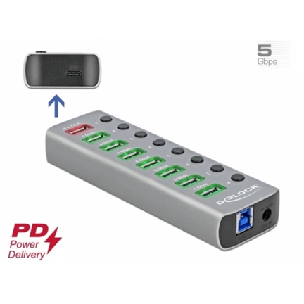 DELOCK USB 3.2 Gen 1 hub 7 port + 1 gyorstöltő port + 1 USB-C PD 3.0 port + kapcsoló és megvilágítás