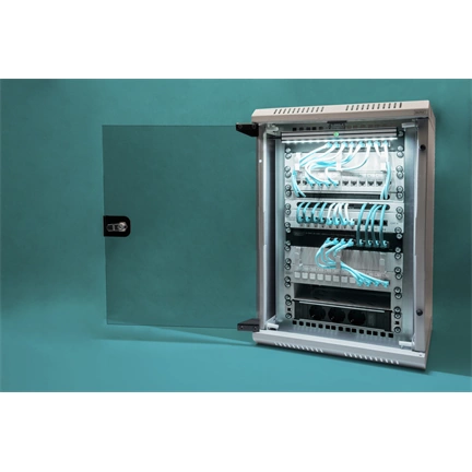 DIGITUS 10"/19" 5/10U Kombinált 350/483mm mély üvegajtós szürke fali rack szekrény