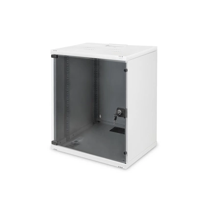 DIGITUS 19" 12U 595x540x400mm lapraszerelt üvegajtós szürke fali rack szekrény