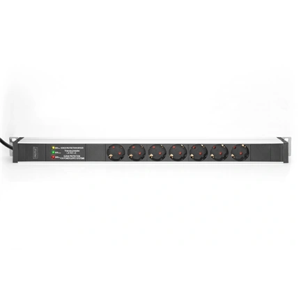 DIGITUS 1U PDU 230V 16A 7xCEE 7/3 aljzat CEE7/7 csatlakozó túlfeszültség védelemmel és vonalszűrővel 2M elosztósor