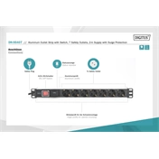 DIGITUS 1U rack alumínium 7 schuko dugaljas túlfeszültségvédett hálózati elosztó