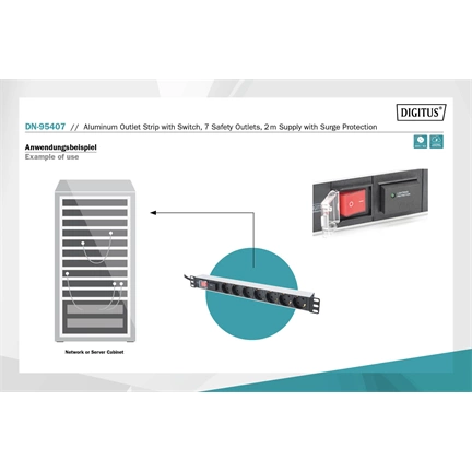 DIGITUS 1U rack alumínium 7 schuko dugaljas túlfeszültségvédett hálózati elosztó