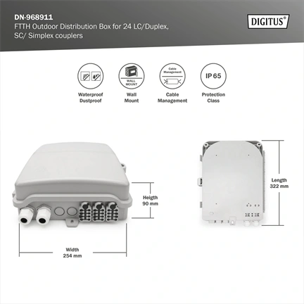 DIGITUS 24xSC simplex vagy 24xLC duplex toldóhoz kültéri FTTH optikai elosztó doboz