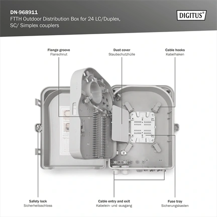 DIGITUS 24xSC simplex vagy 24xLC duplex toldóhoz kültéri FTTH optikai elosztó doboz