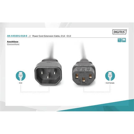 DIGITUS 250V 10A IEC C13 csatlakozó IEC C14 dugó 1,8m hosszabbító kábel