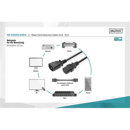 DIGITUS 250V 10A IEC C13 csatlakozó IEC C14 dugó 1,8m hosszabbító kábel