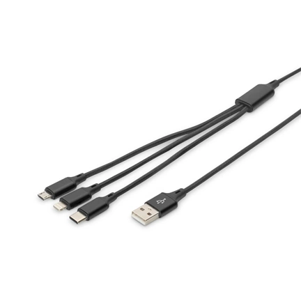DIGITUS 3 az 1-ben USB type A - micro USB - USB type-C - Lightning töltőkábel 1m