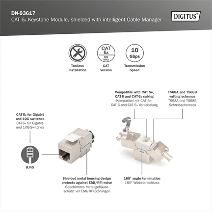 DIGITUS CAT6A árnyékolt szerszám nélkül szerelhető Keystone Jack okos kábelrendezővel