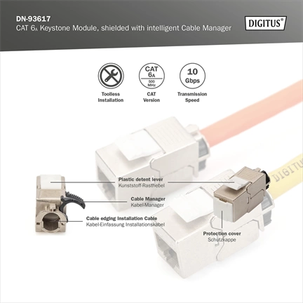 DIGITUS CAT6A árnyékolt szerszám nélkül szerelhető Keystone Jack okos kábelrendezővel