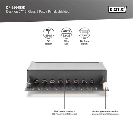 DIGITUS CAT6 8port asztali fekete árnyékolt patch panel