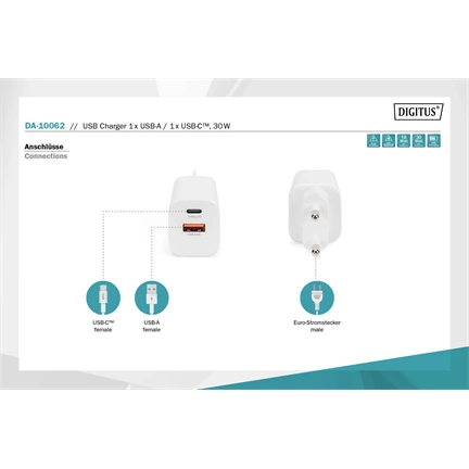 DIGITUS DA-10062 2 port USB Type-A/Type-C 30W töltőadapter