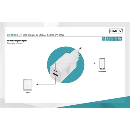 DIGITUS DA-10062 2 port USB Type-A/Type-C 30W töltőadapter