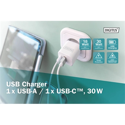 DIGITUS DA-10062 2 port USB Type-A/Type-C 30W töltőadapter