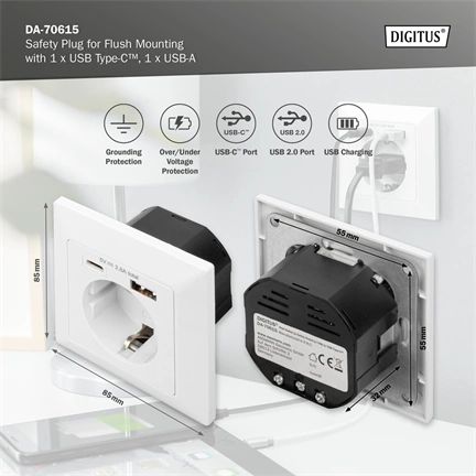 DIGITUS DA-70615 1x USB Type-C 1x Type-A 250V schuko süllyesztett fali aljzat