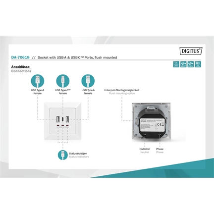 DIGITUS DA-70618 1x USB Type-C 2x Type-A 250V schuko süllyesztett fali aljzat