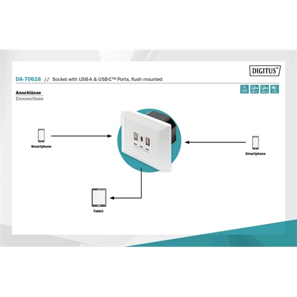 DIGITUS DA-70618 1x USB Type-C 2x Type-A 250V schuko süllyesztett fali aljzat