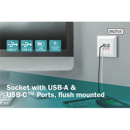 DIGITUS DA-70618 1x USB Type-C 2x Type-A 250V schuko süllyesztett fali aljzat