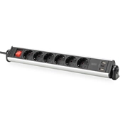 DIGITUS DA-70624 Asztali alumínium 6 schuko dugaljas 2x USB A 1x USB-C  port hálózati elosztó