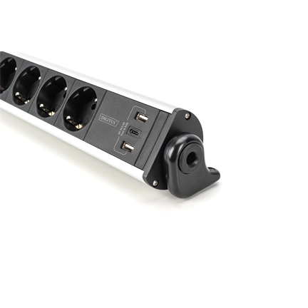 DIGITUS DA-70624 Asztali alumínium 6 schuko dugaljas 2x USB A 1x USB-C  port hálózati elosztó