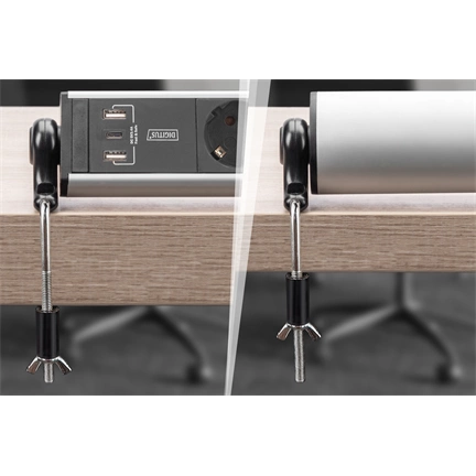 DIGITUS DA-70624 Asztali alumínium 6 schuko dugaljas 2x USB A 1x USB-C  port hálózati elosztó