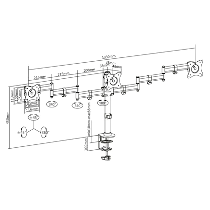 DIGITUS DA-90362 C-bilincses univerzális (VESA 75 / 100) 3-as fekete monitor tartó konzol