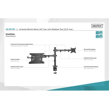 DIGITUS DA-90436 C-bilincses/gyűrűs univerzális (VESA 75 / 100) fekete monitor/notebook tartó konzol