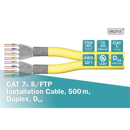 DIGITUS DK-1743-A-VH-D-5 Cat.7A S/FTP 1500MHz Dca LSZH 500m dob sárga dupla fali kábel