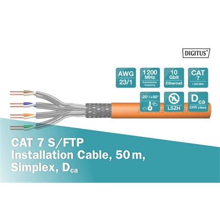 DIGITUS DK-1743-VH-050 Cat.7 S/FTP 1200MHz Dca LSZH 50m narancssárga fali kábel