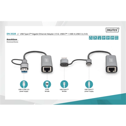 DIGITUS DN-3028 USB type A 3.0 Type-C 3.1 2.5 Gigabit Ethernet adapter